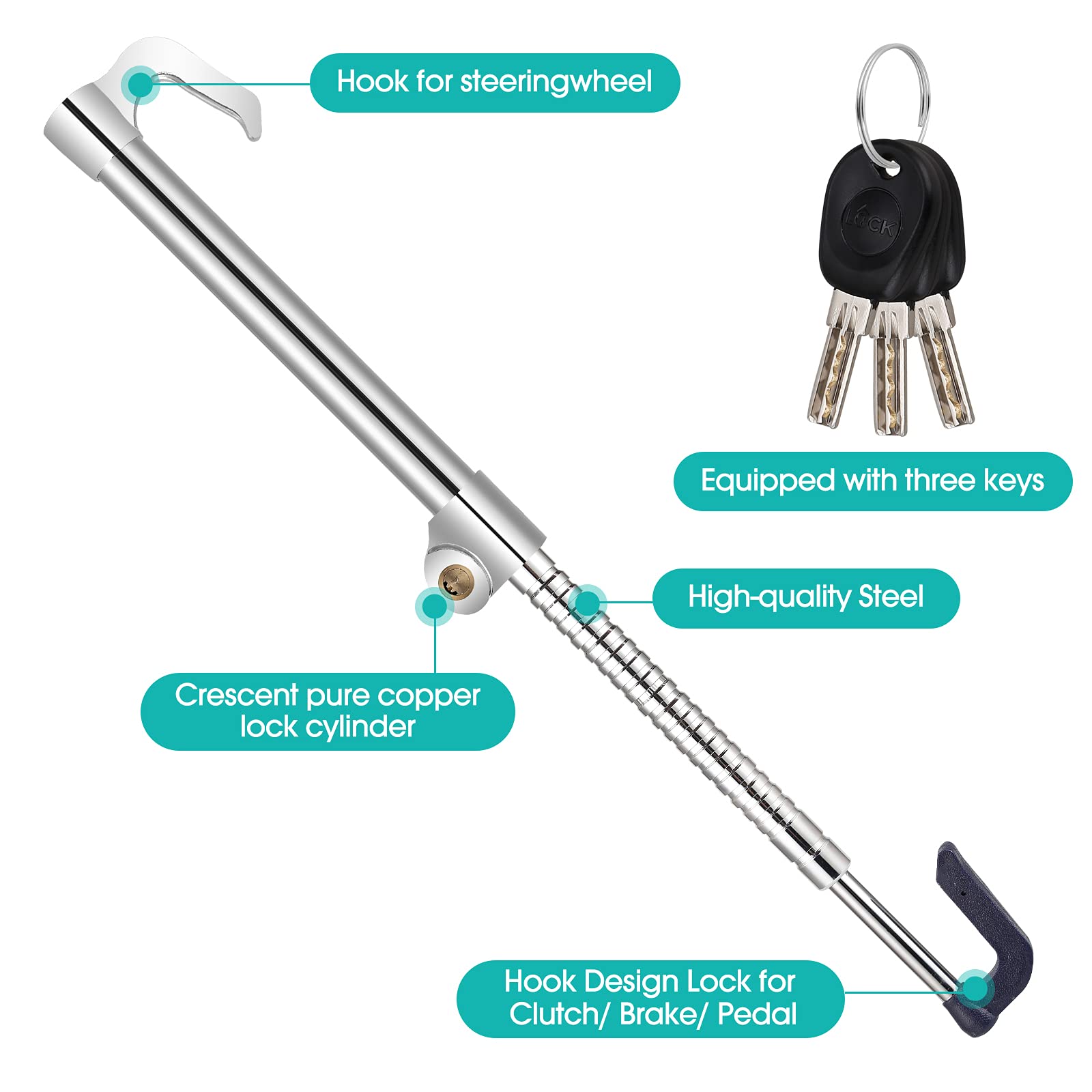 Barra Antirrobo Coche Volante - Cerradura del Volante Antirrobo，Bloqueo De Pedal De Acero Inoxidable con 3 Llaves,para vehículos Van, Camiones, Barcos, SUV