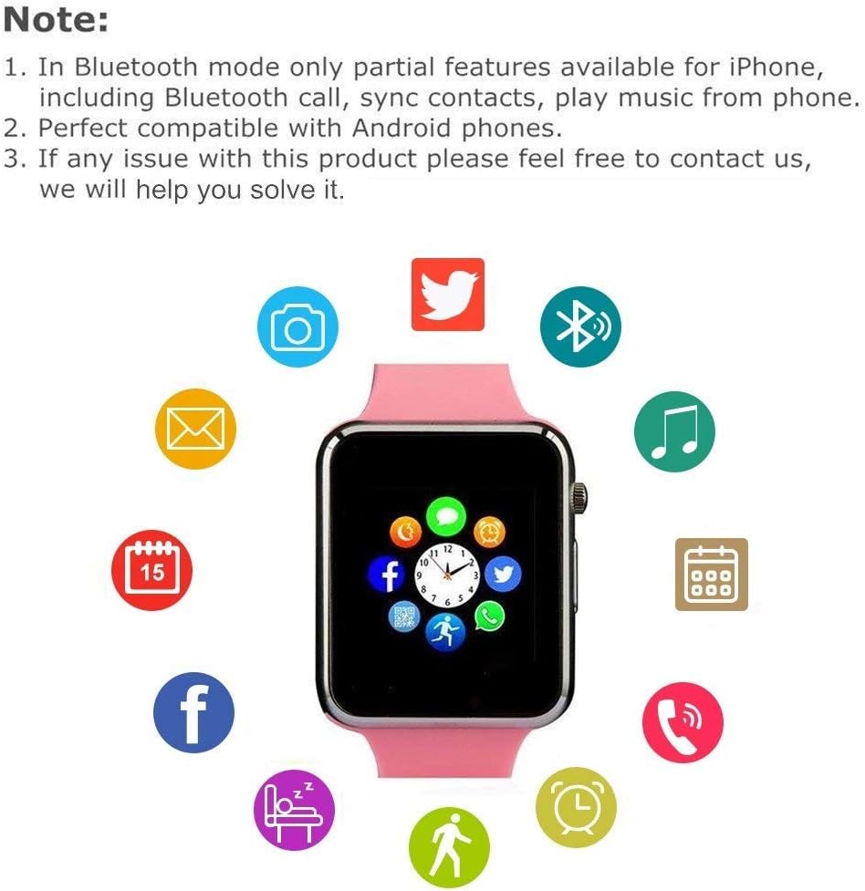 Sazooy Smart Watch Bluetooth Watch Support Make/Answer Phones Receive/View Messages Compatible iPhone Android iOS Phones with Camera Pedometer SIM SD Card Slot for Men Women Kids (Red)