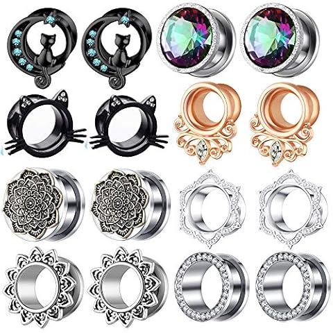 TIANCI FBYJS 8 Pairs Stainless Steel Zircon Ear Tunnels Expander Plugs Stretcher 00g Gauges For Women Black Silver Cat on The Moon (12mm=1/2'') Cover
