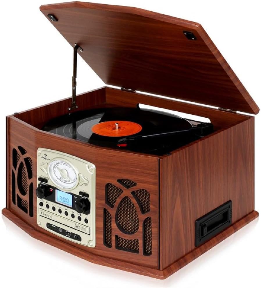 AUNA NR-620 Record Player - Vinyl Player, Turntable, Retro Record Player, CD player, VHF radio, Belt Drive, max. 45 rpm, USB/SD, Remote, Cassette Slot, Digitizing Function, Dark Brown