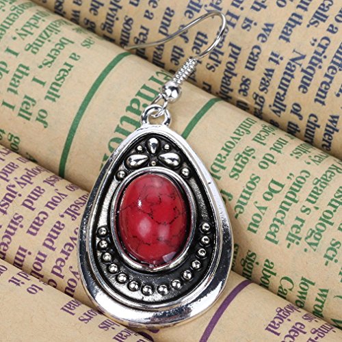 Yazilind Vintage Tibetan Silver Red Oval Turquoise Dangle Drop Hook Earrings Women Gift #TOP2