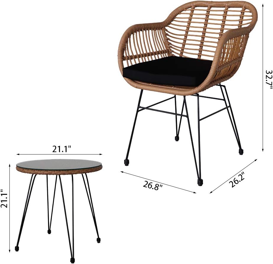 Oshion 3 pcs Wicker Rattan Patio Conversation Set with Tempered Glass Table Flaxen Yellow