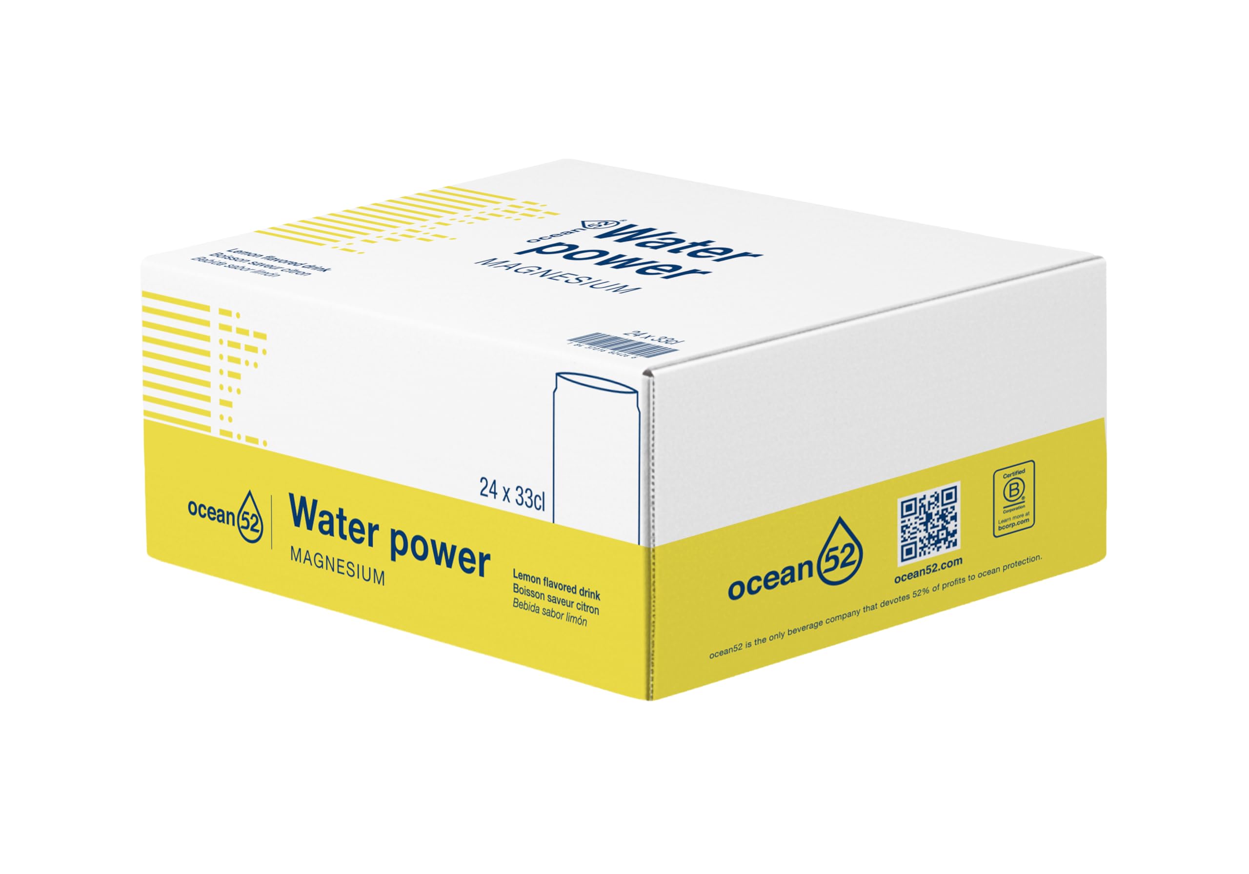 Agua en lata Water Power, de Ocean52. Agua Mineral Natural con Limón y Magnesio - Pack 24 unidades x 33cl. Agua en packs de 24 latas de 33cl. Agua mineral en lata x 24.