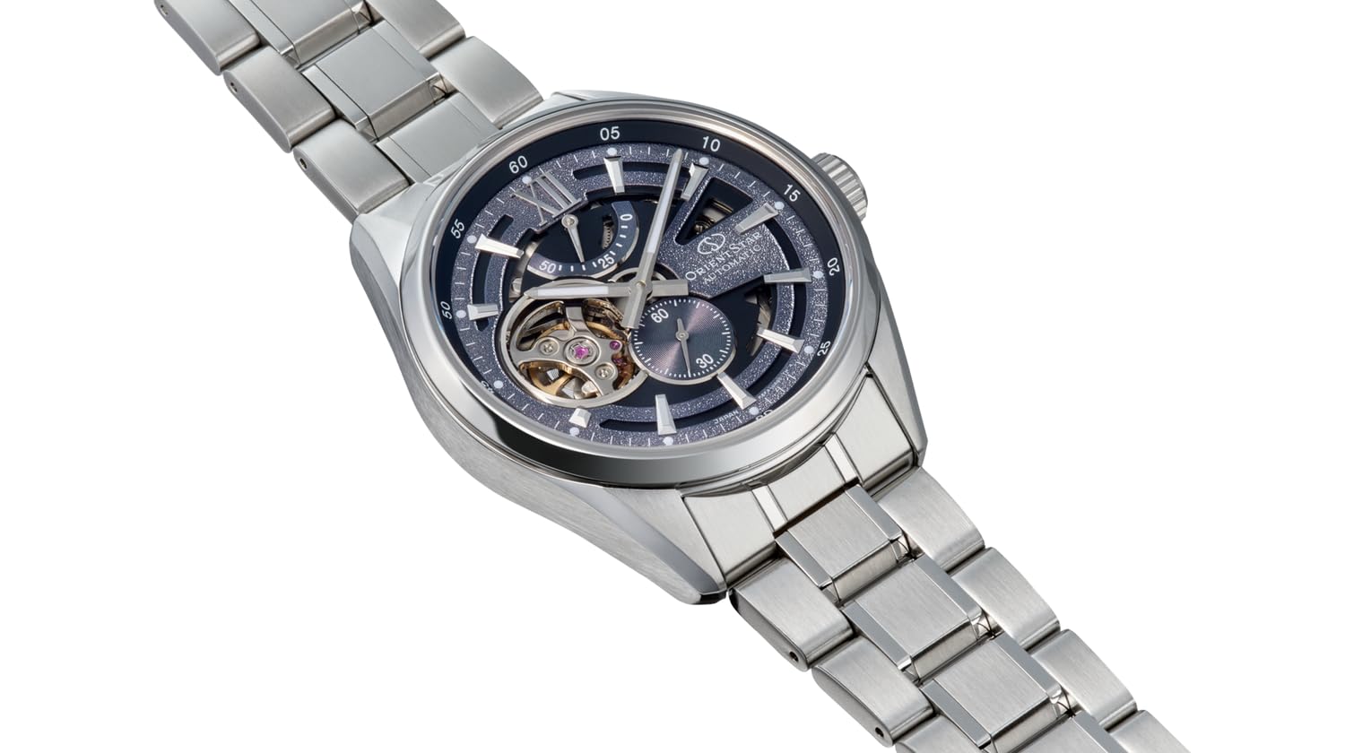 Orient Star RE-AV0138V00B współczesny nowoczesny szkielet automatyczny fioletowy cyferblat stal szlachetna męski zegarek na rękę