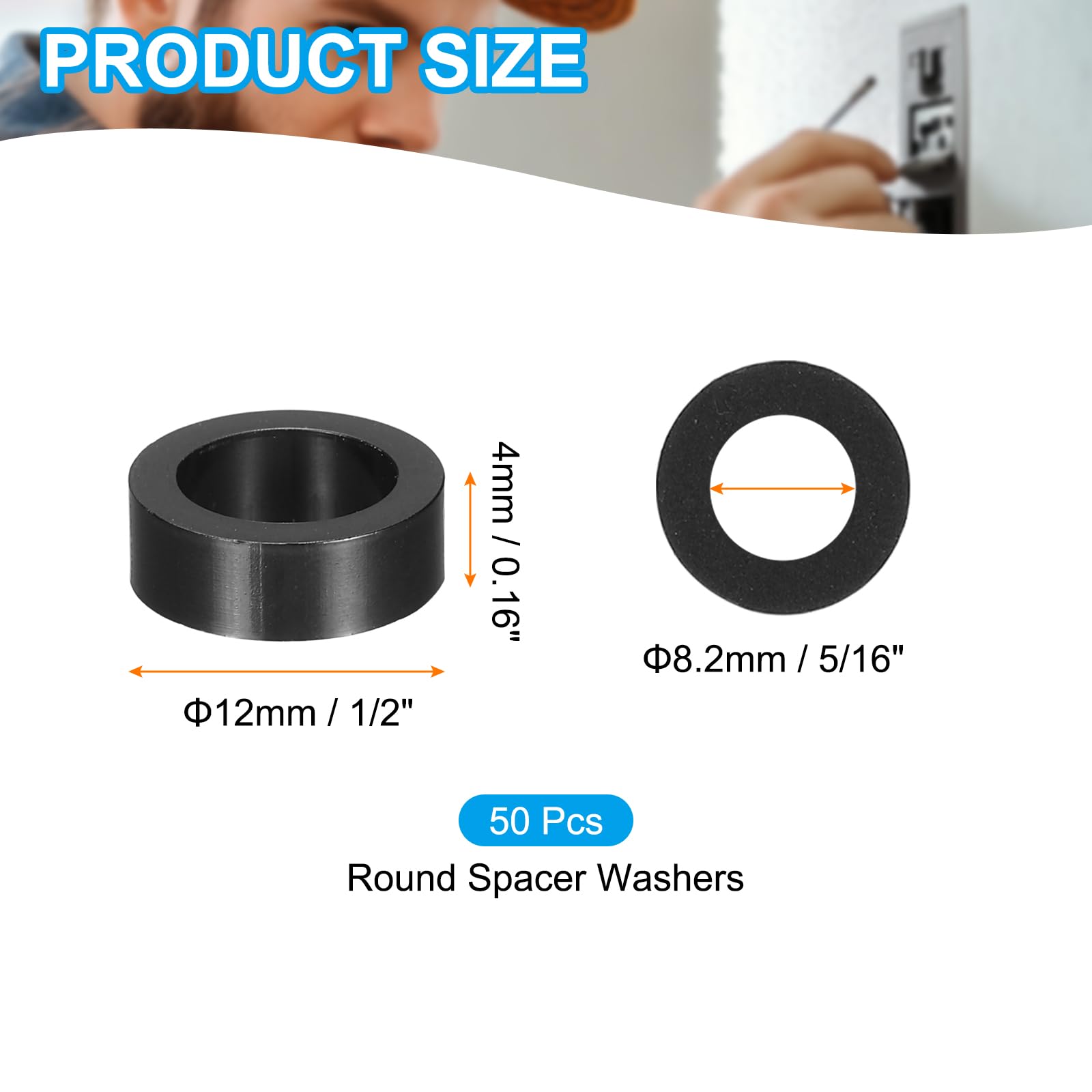 PATIKIL 50Pcs M4 ABS Spacers M8 x 12mm OD x 4mm L Plastic Round Spacer Washers Black Standoff Nut Unthreaded for Screws Bolts Electrical Outlet - Image 2