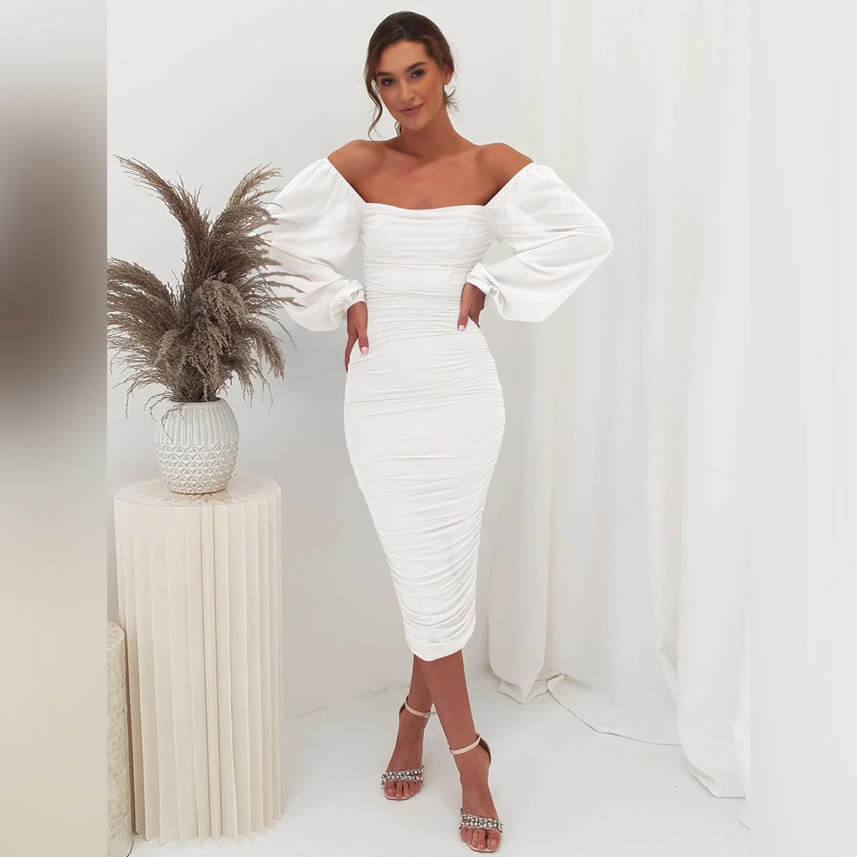 Odizli Damen Elegant Mesh Langarm Bodycon Midikleid Festliche Hochzeit Partykleid