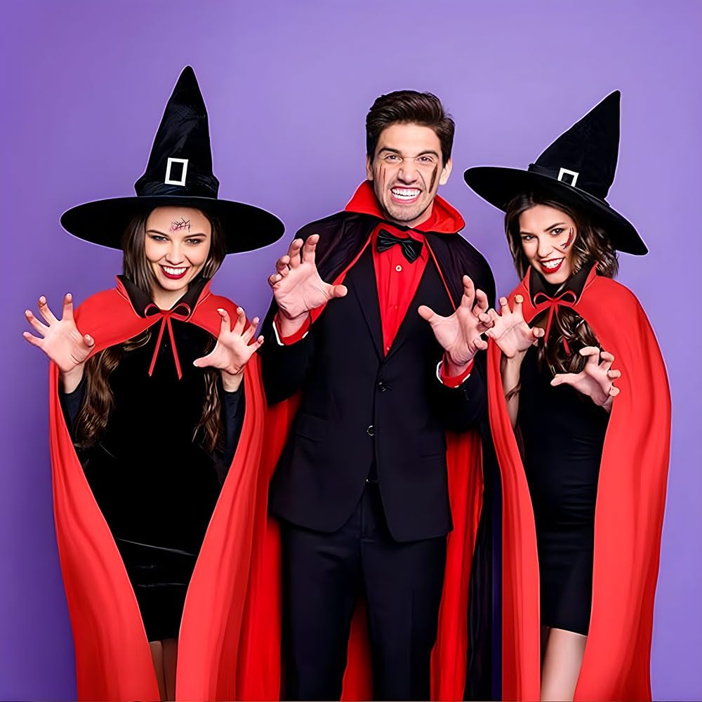 Cape De Vampire Réversible Enfant – Rouge Et Noir, 140 Cm, Avec Capuche Et 20 Tatouages Halloween
