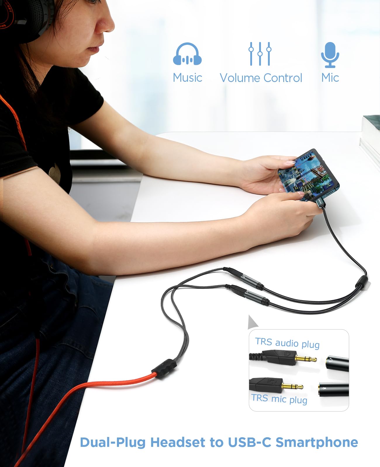 Divisor de micrófono de auriculares USB C a TRS de 3,5 mm, tipo C a adaptador de audio para auriculares y micrófono para auriculares de PC de doble enchufe a laptop tipo C, tablet, teléfono