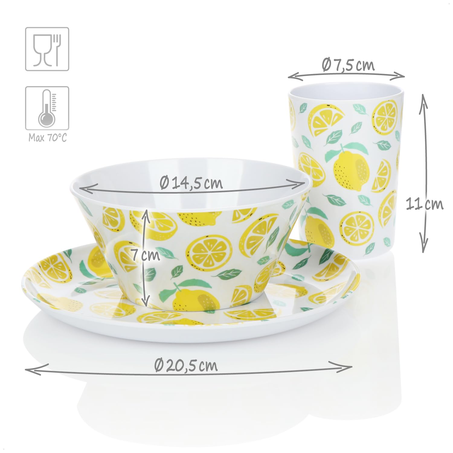 com-four® vajilla 24 Piezas, melamina Reutilizable, Platos, Cuencos, Vasos, diseño Veraniego (Juego de 24 Piezas - Limones)