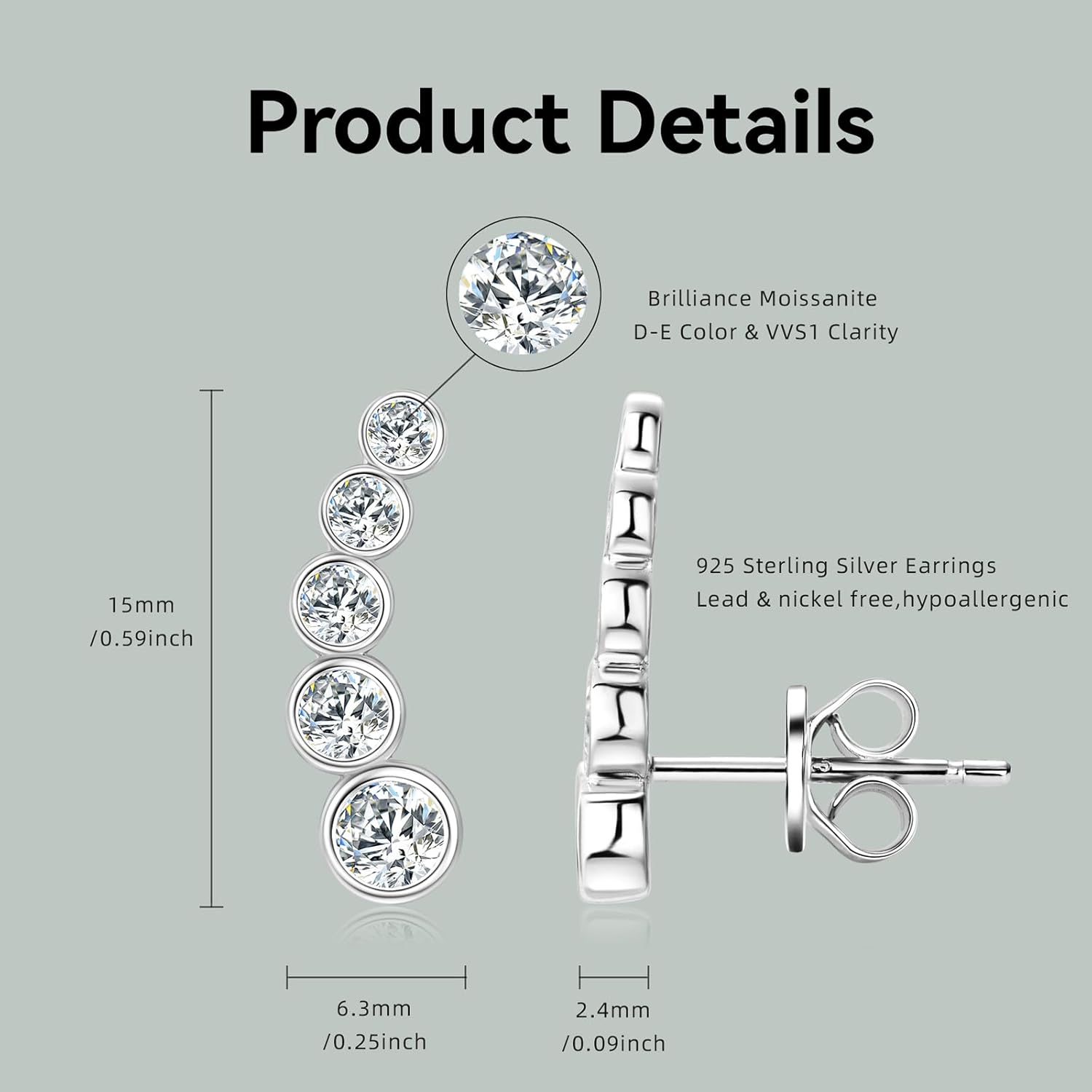 Moissanite Crawler Stud Earrings for Women 925 Sterling Silver D-E Color Moissanite Hypoallergenic Climber Earring for Sensitive Ears Dainty Jewelry Christmas Anniversary Birthday Gifts - Image 5