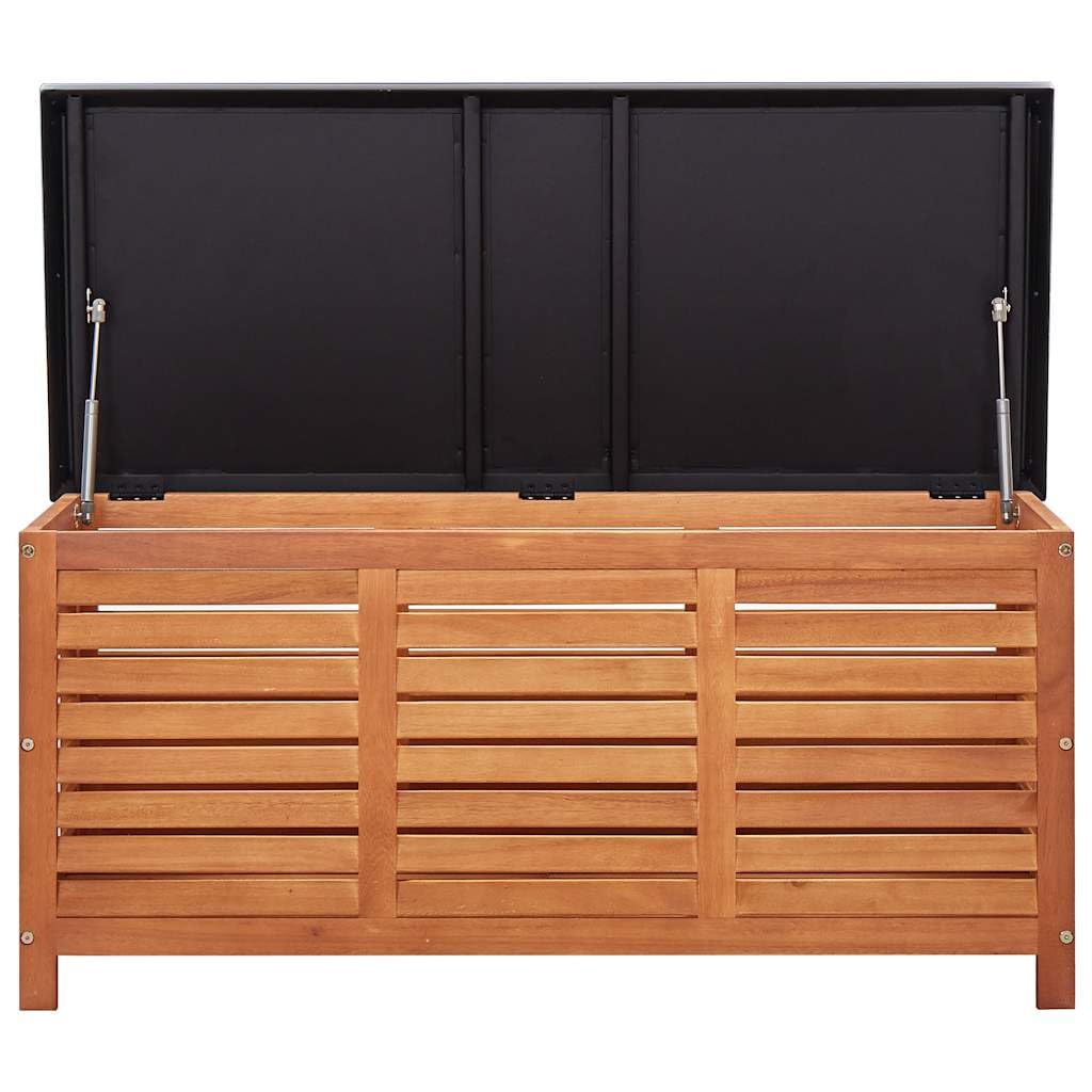 Caja de jardín con placa de metal 117 x 50 x 55 cm, espacio para cojines y cojines, madera maciza de eucalipto como banco y caja de almacenamiento