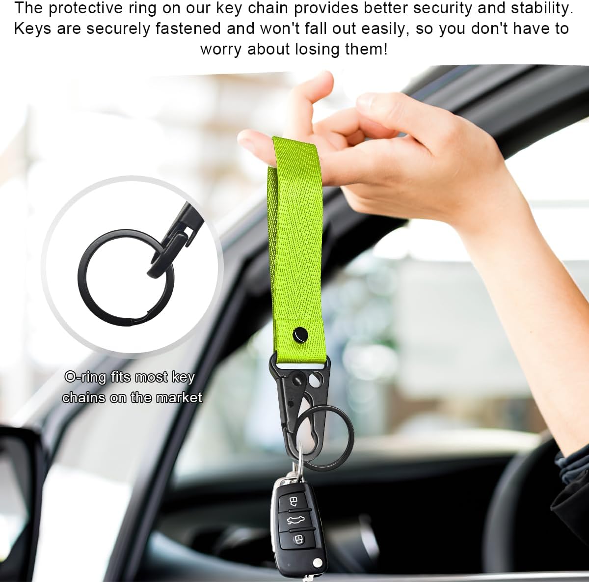 Wevdn Car Key Chain, Fabric Metal Practical Multifunctional Motorcycle Keychain, Anti-Lost Keychain with O-Ring for Men Women (Fluorescence Green)
