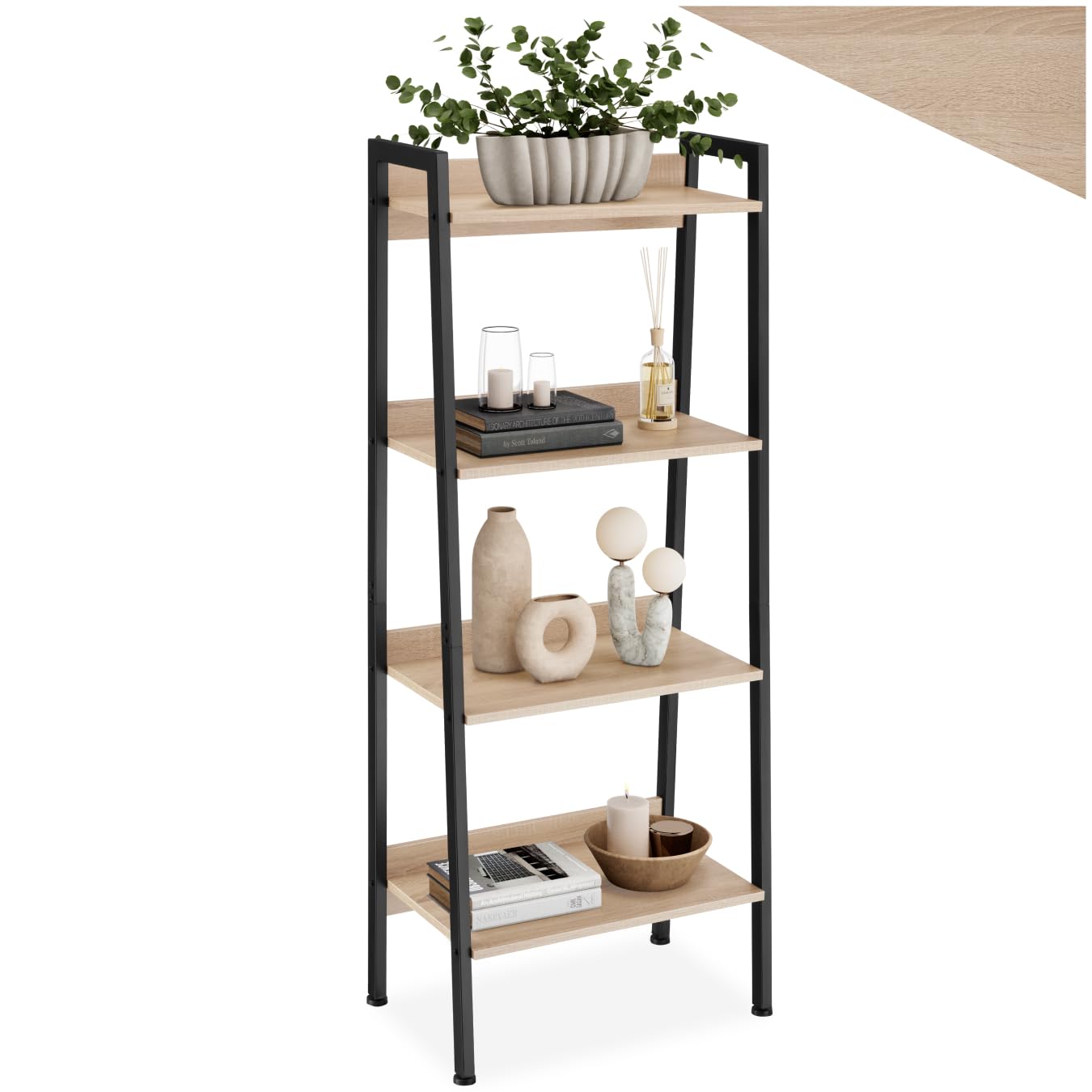 tectake® Scaffale a Scala, Libreria Verticale con 4 Ripiani, Struttura in Acciaio porta libri, Libreria Verticale, Facile Montaggio - 57,5x34x138 cm - Legno industriale chiaro