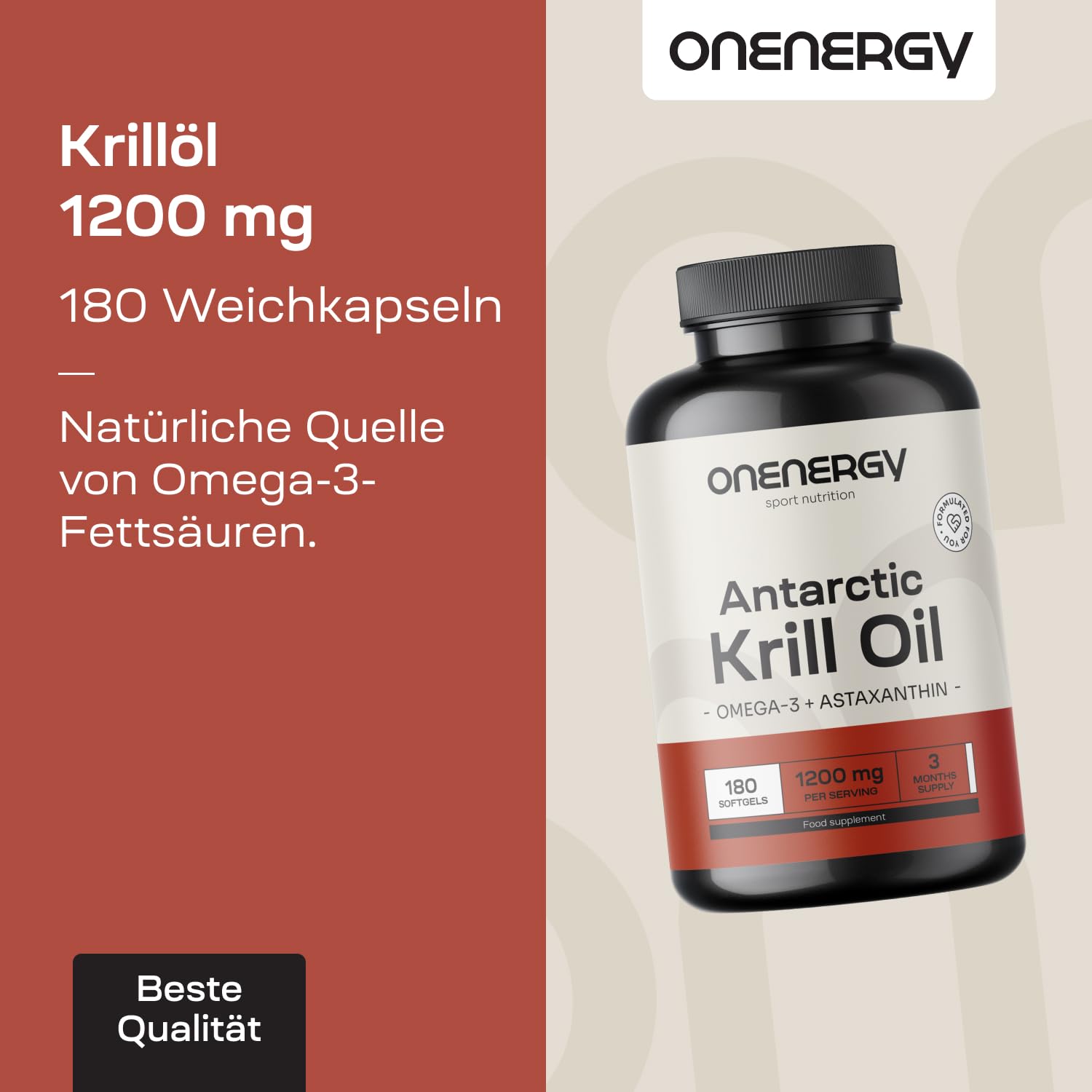 Krillöl 1200 mg – Omega-3, Cholin und Astaxanthin – 180 Kapseln – Öl aus antarktischem Krill – Unterstützung für Herz und Leber – Hilfe beim Fettstoffwechsel – Frei von Gluten und Laktose
