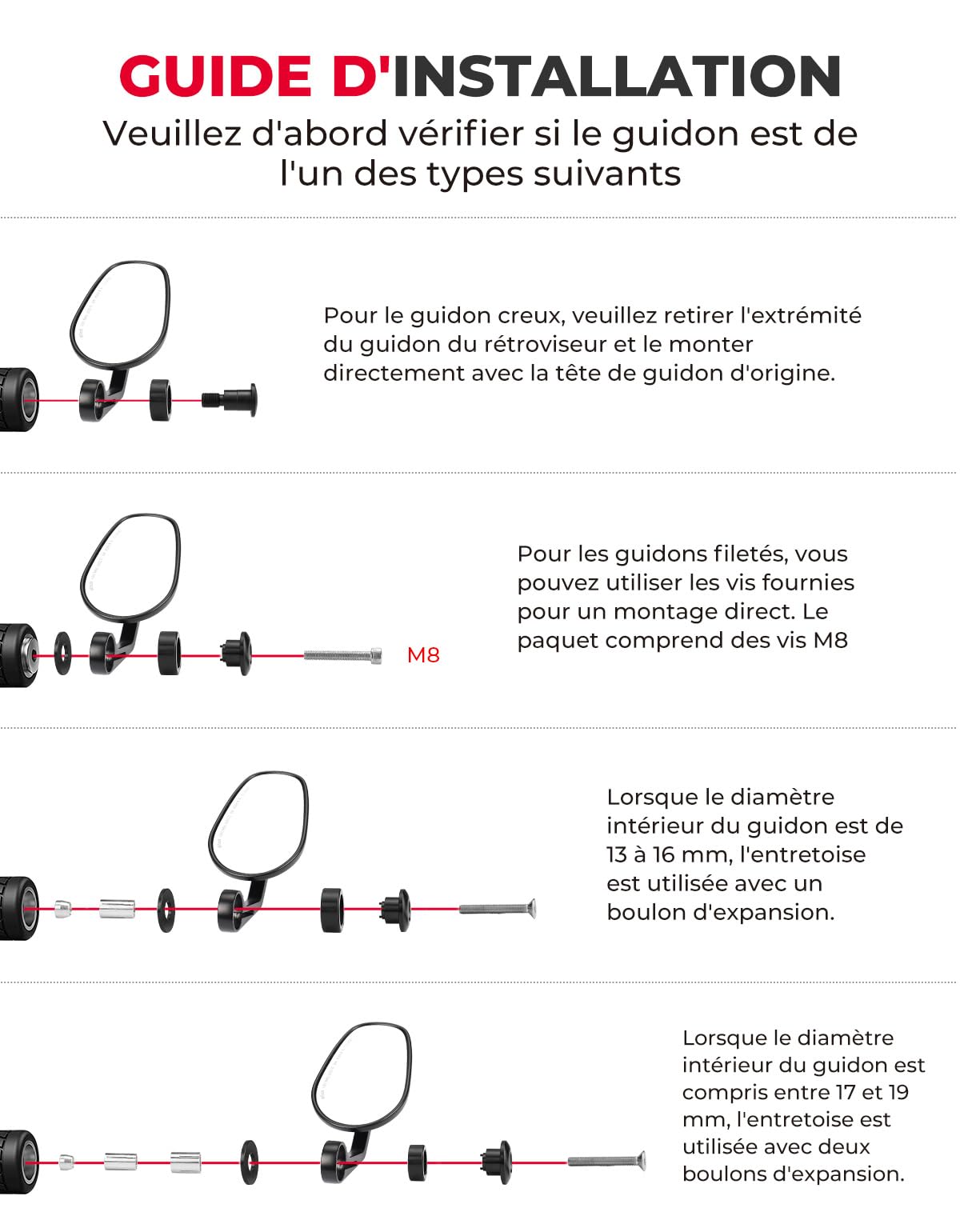 KEMIMOTO Rétroviseurs Moto Homologués, Lot de 2 Rétroviseurs Universels 7/8" 22 mm, Pliables Rotatifs à 360° Compatibles avec les Scooters ATV