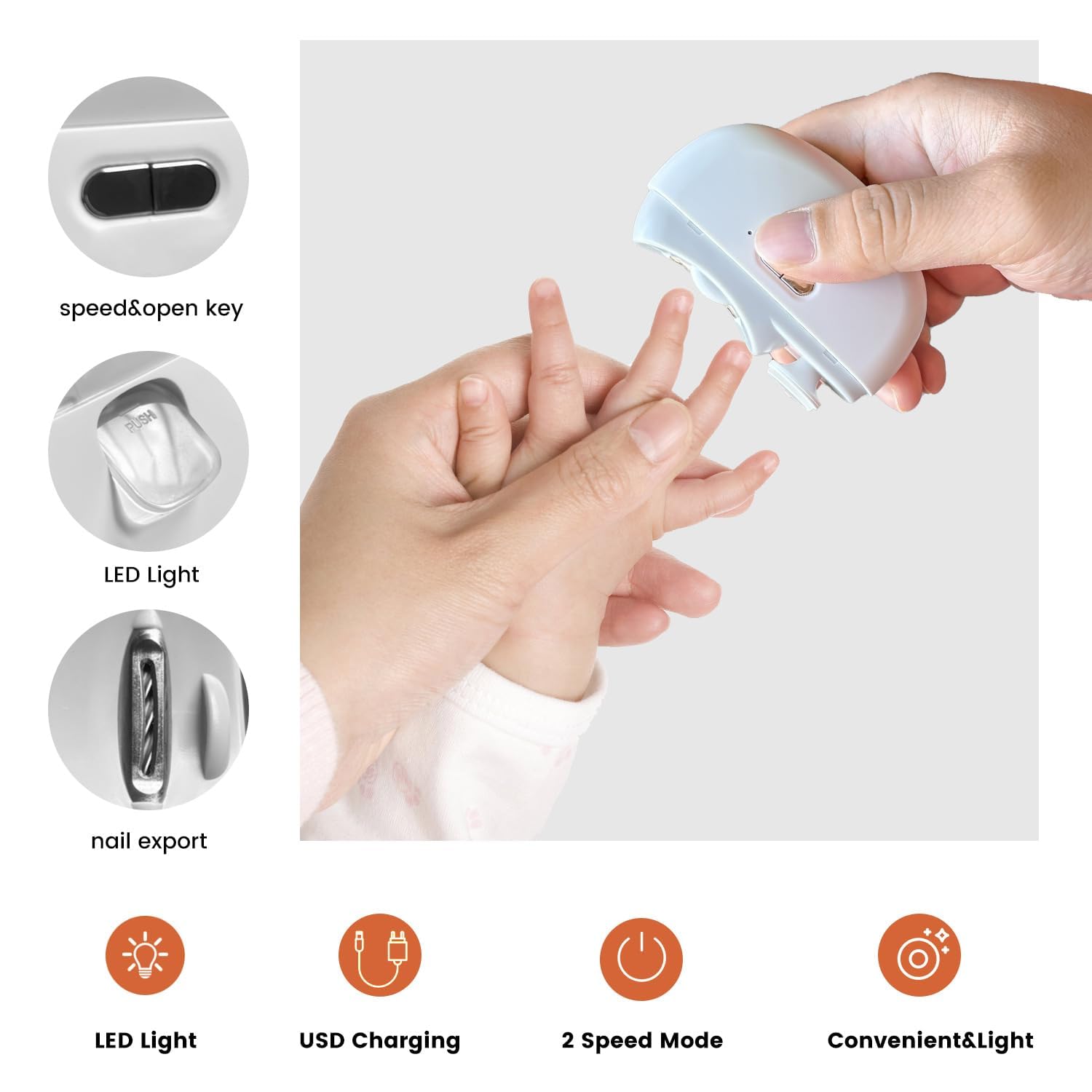 AOXOGFLY 2 in 1 Electric Nail Clipper Automatic with Light,Baby Nail Clippers Nail Polisher 2 Speeds USB Rechargeable Nail Trimmer Electric for Babies Kids Adults