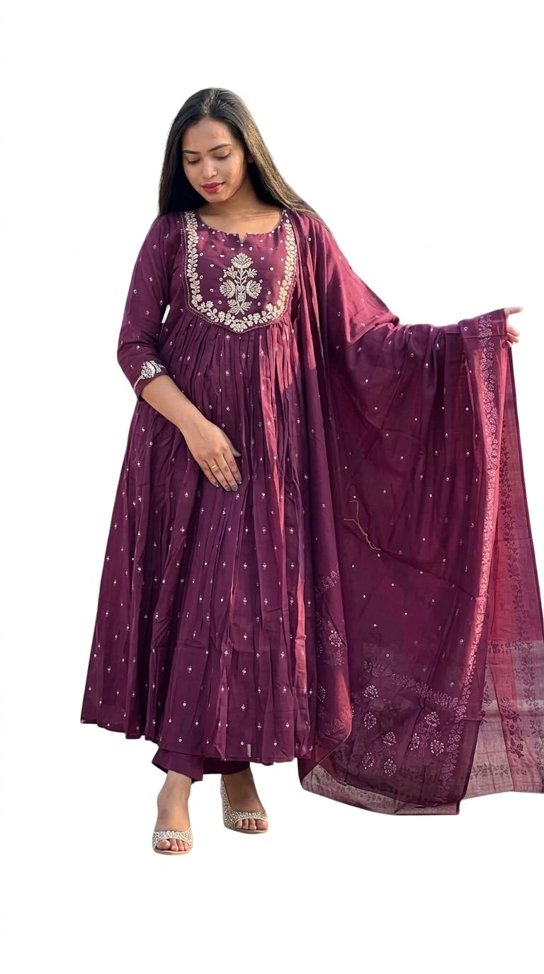 Women’s Cotton Embroidered Anarkali Kurti Pant Set with Dupatta | Purple Ethnic Anarkali Kurta Set for Women | (Size M)-picture-54