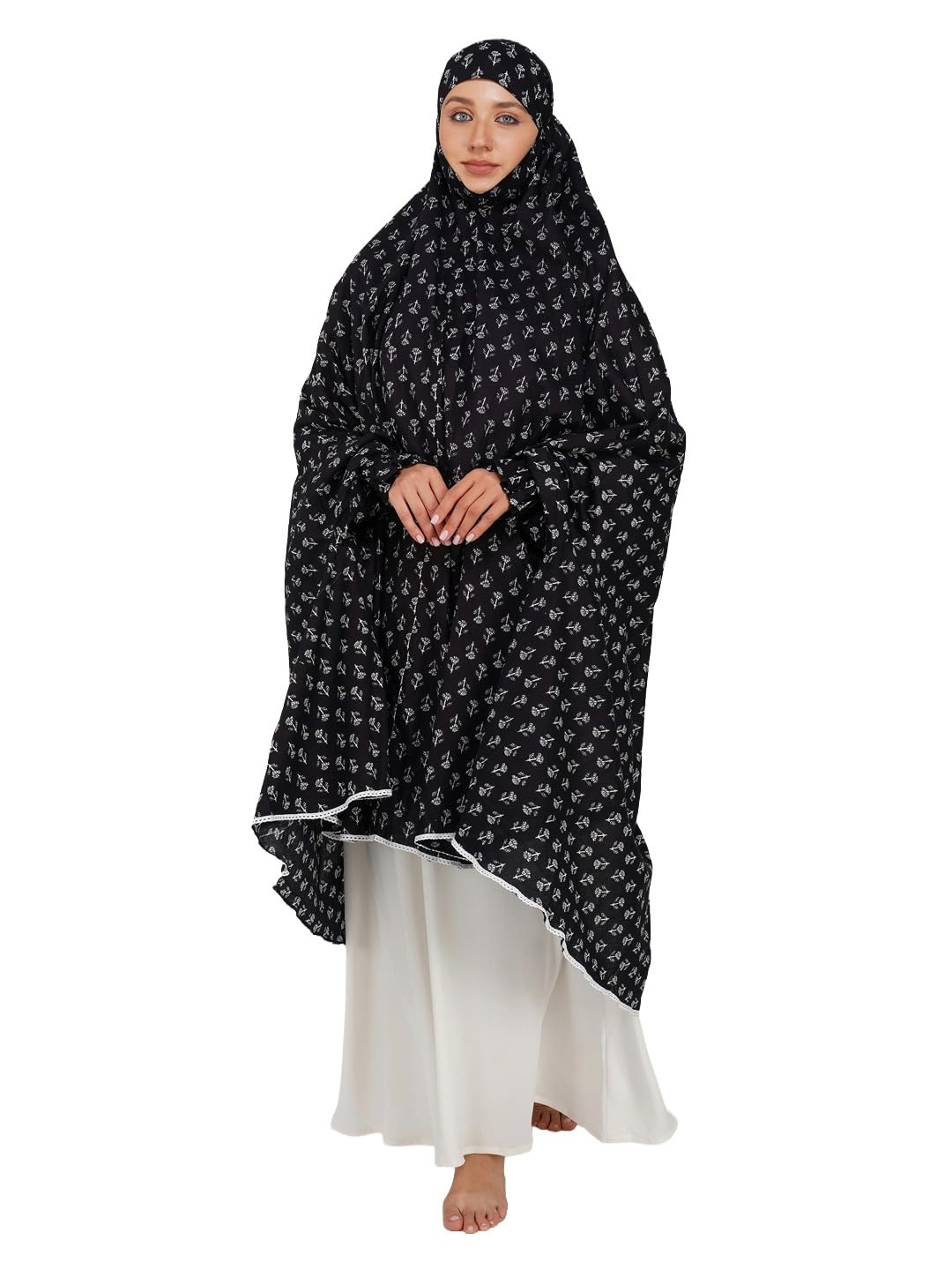Black Floral Cotton Namaz Makhna for Women, Free Size, Ready to Wear-image-9