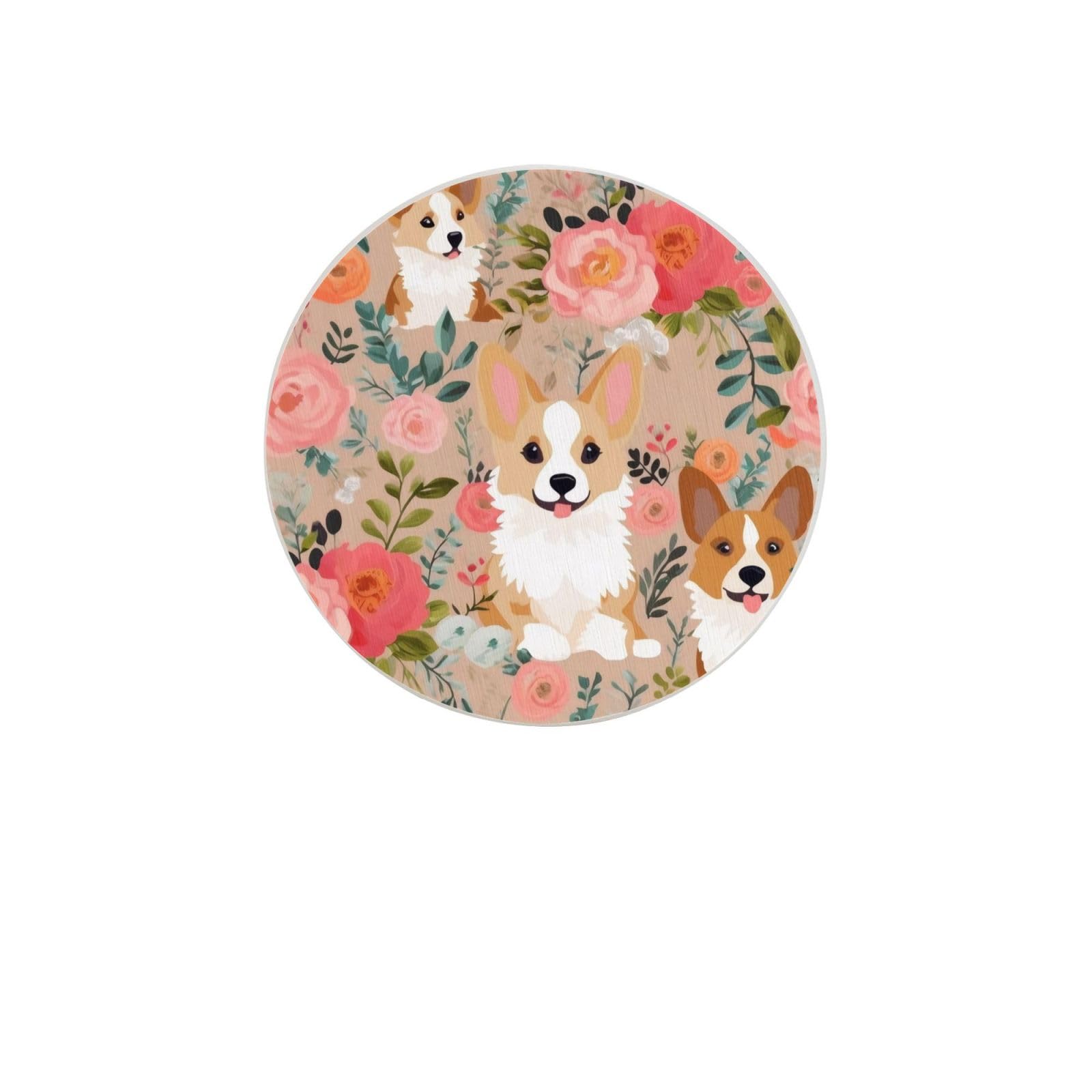 Corgi Floral Flowers Absorbent Drink Coasters Diatomaceous Round Coaster 4 Inch Reusable Cup Coasters Set 4pc
