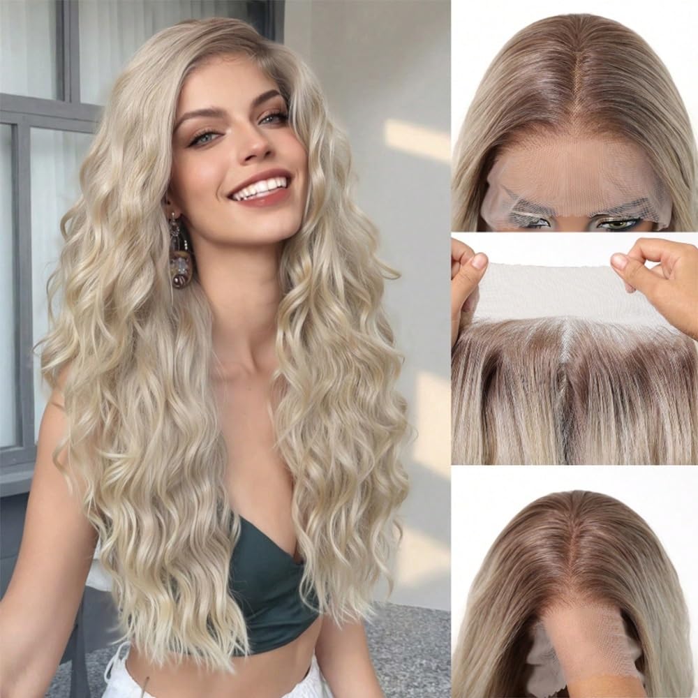 Popiół blond syntetyczna peruka syntetyczna bez kleju koronkowa fala HD 13x4 warstwowe peruki do codziennego użytku dla kobiet przedłużanie włosów (22 cali)