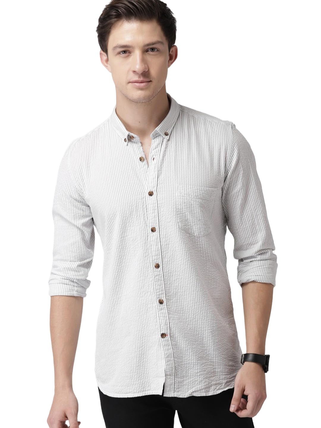 IndoPrimo Men's Poly Cotton Shirt with Spread Collar Neck Line Striped Pattern Full Sleeves Regular Fit Western Style and Standard Length