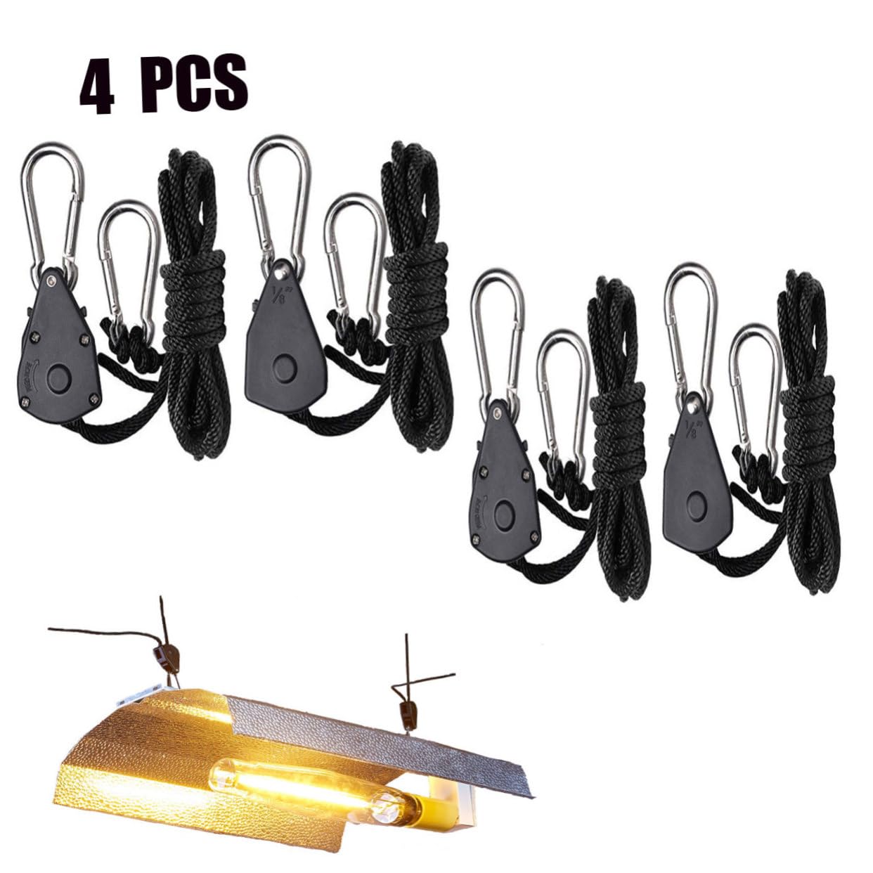 VILLCASE Lot De 4 Cintres Réglables À Cliquet 1/8 Pouce en Corde pour Lampes De Croissance Intérieur Supports Robustes en Acier Inoxydable pour Jardinage en Serre