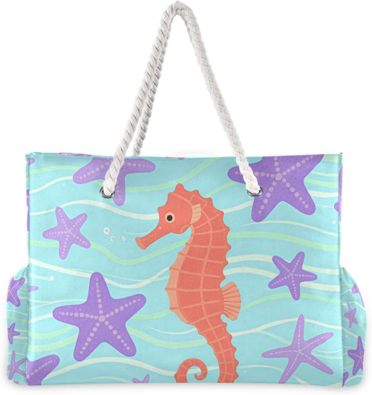 OTVEE Seahorses Purple Sea Stars Pattern Beach Bags for Women Ladies Large Canvas Tote Shoulder Bag Waterproof Travel Bags for Gym Swim Pool Camping