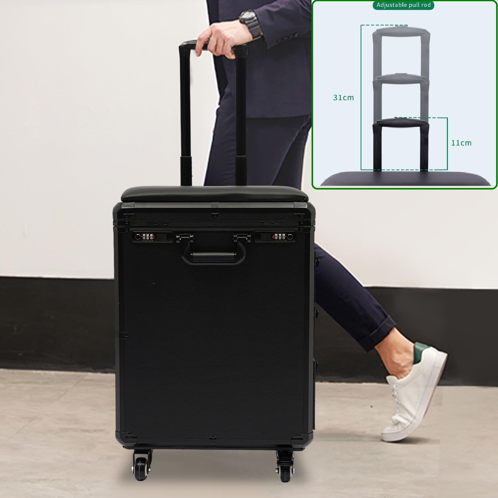 CNCEST Rolling Makeup Case with Tattoo Armrest Stand,Makeup Case with 4 Universal Wheels and Combination Lock,for Make-up Artists Beginners to Professional (Metal panel)