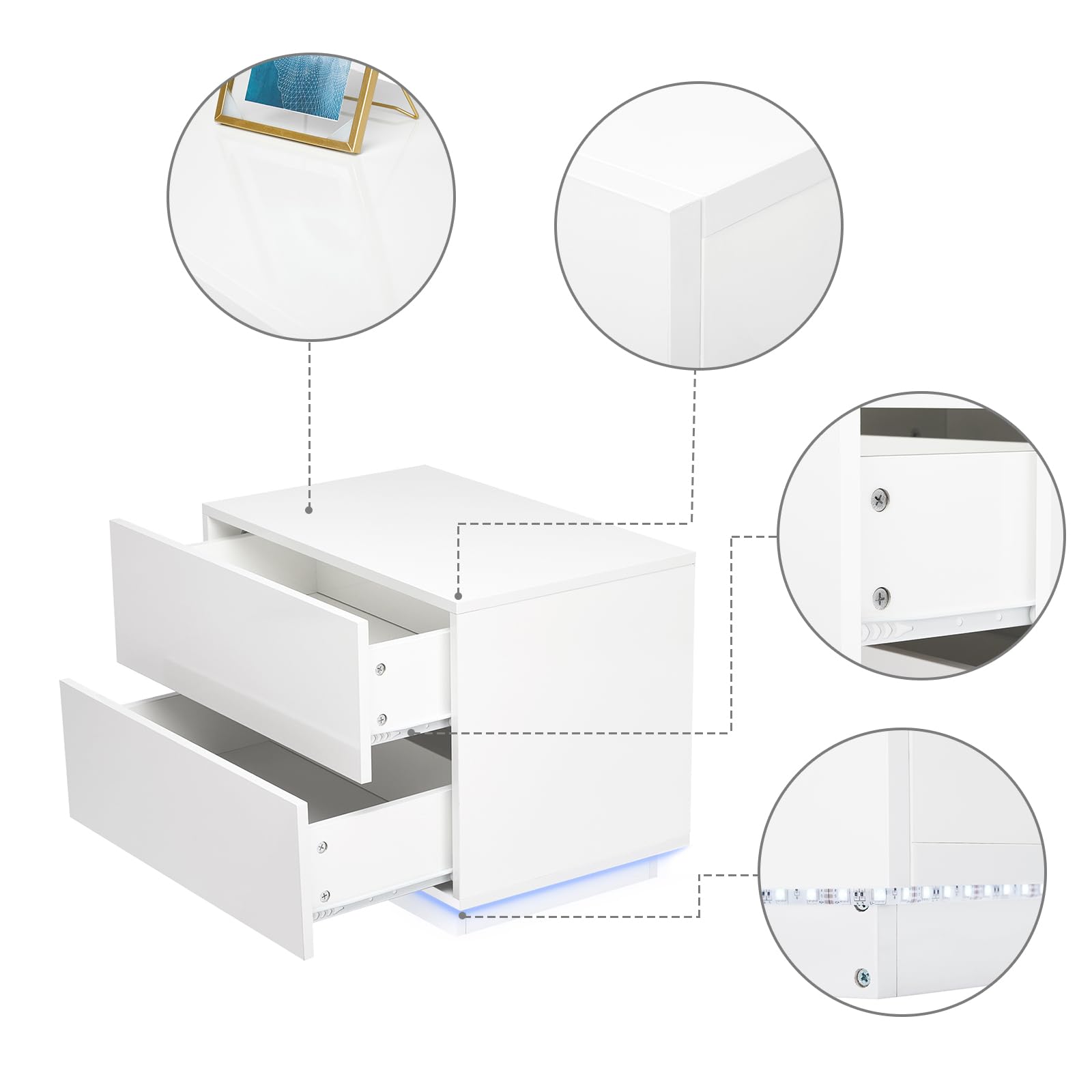 Mondeer Meerviel - Table de Chevet - LED Meuble de Rangement avec 2 Tiroirs Haute Brillante USB Lumineuse pour Chambre Salon 60x39x45cm (Blanc)