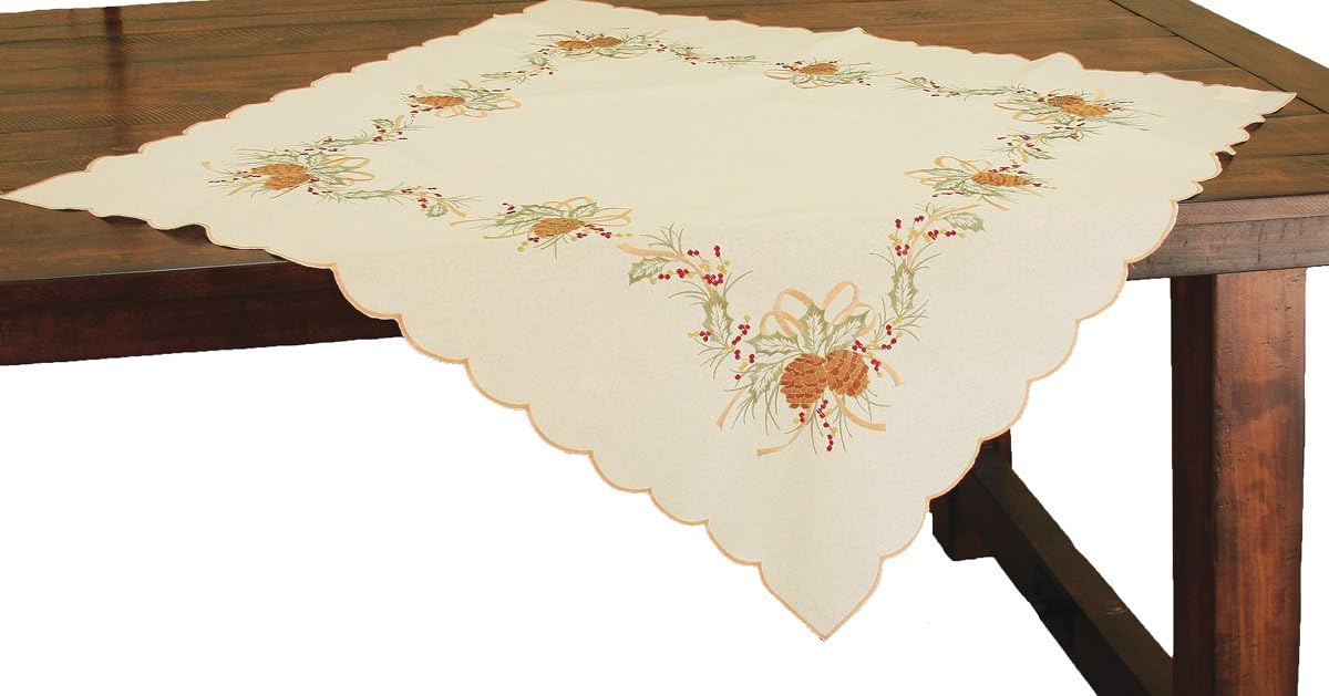 Classic Pine Cone Embroidered Collection Christmas Table Topper, 34 by 34-Inch