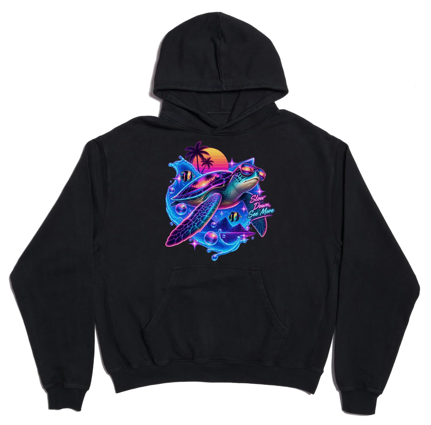 Wibrujący żółw z zachodem słońca i oceanu wibracje unisex oversize ciężka mieszanka bawełny bluza z kapturem czarna