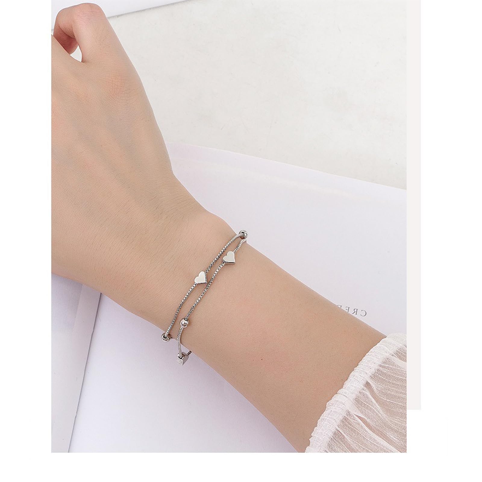 Braccialetto Donna Doppio Strato per Le Donne Hollow Bead Heart Design Gioielli Regolabili Trendy Fashion Accessory-Bianco