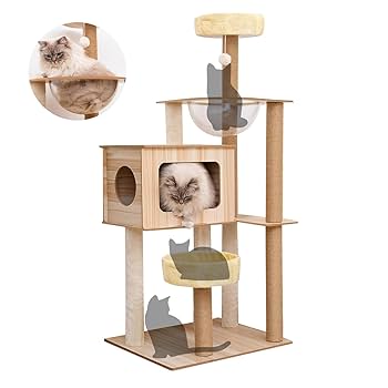キャットタワー 木製 宇宙船 省スペース 猫タワー 多頭飼い 高さ135cm Amazon | Shinyever キャットタワー 据え置き 高さ約135cm