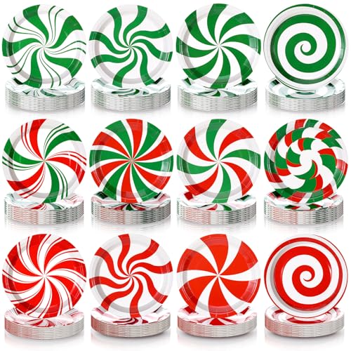 Image of Fourluoo 96 Pcs Christmas Paper Plates Disposable Red and Green Candy Christmas Dinner Plates for Xmas Birthday Party Decoration Supplies