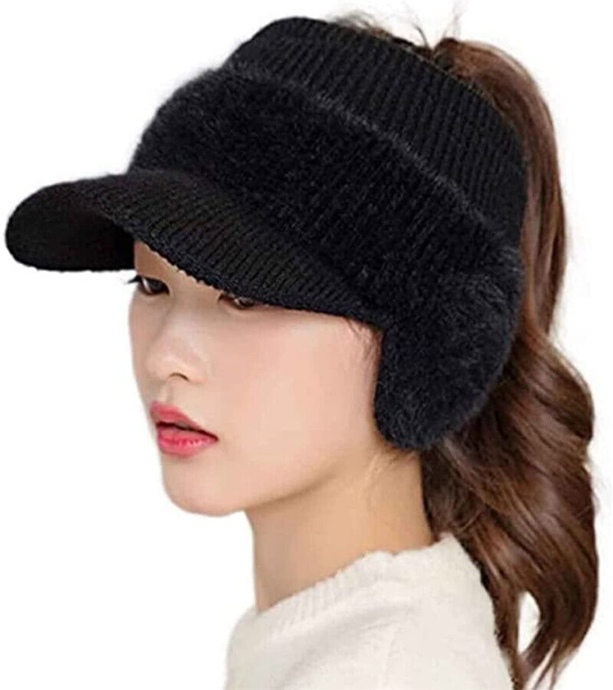Chagoo Women's Black Fashion Ear Guard Knit Cap, Winter Fleece Ponytail Hat Baseball Caps With Earflap (Black)