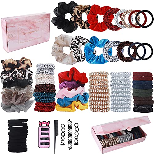 LYSdefeu Big Scrunchies Velvet Elastic Hair Bands , Large Ponytail Silk Hair Ties, Leopard Hair Bands, Phone Cord Hair Ties, 81 PCS hair Scrunchies Ties Ropes, Christmas Gifts for Women Teenage Girls