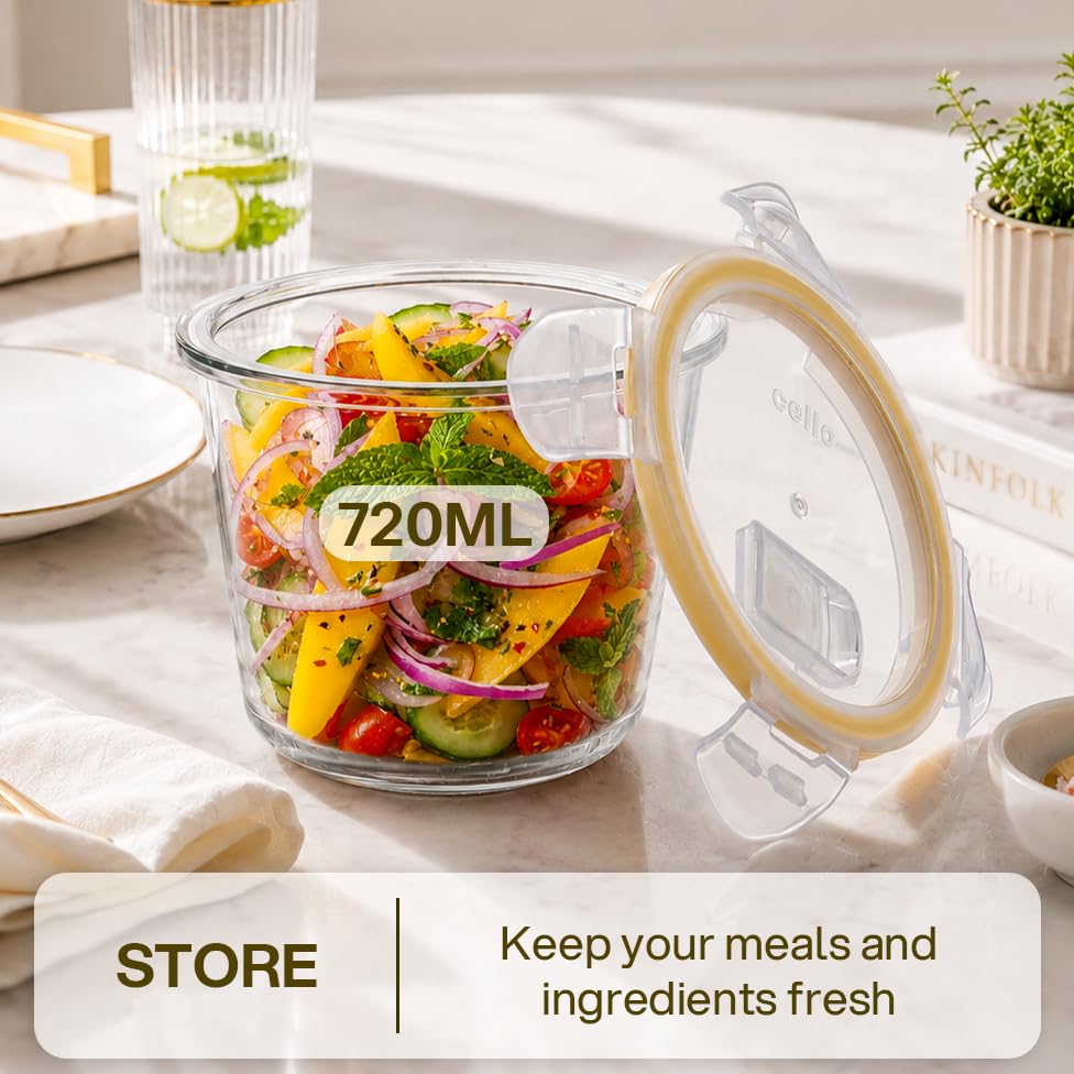 Image of CELLO Fit & Fresh Clip-O Round Lunch Box Container For Daily Use 720ml Transparent | Microwave & Fridge Safe Toughened Glass Airtight Food Storage Tiffin Box Container For Kitchen, Travel & Office Use