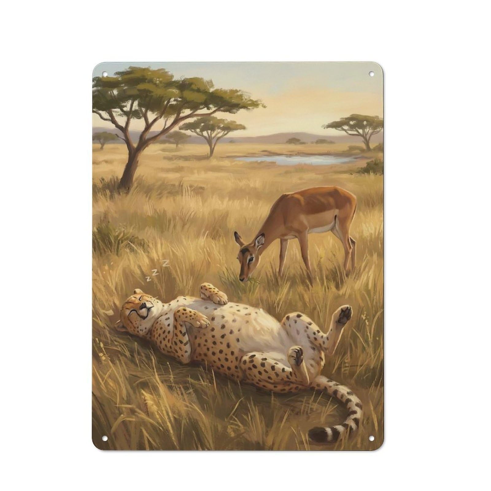 Junmoney Style-5 Shop Front Style Sleeping Cheetah And Grazing Impala Cafe Metal Sign 40X30cm, Bistro Wall Plaque For Tea Room, Shop Wall Or Breakfast Area