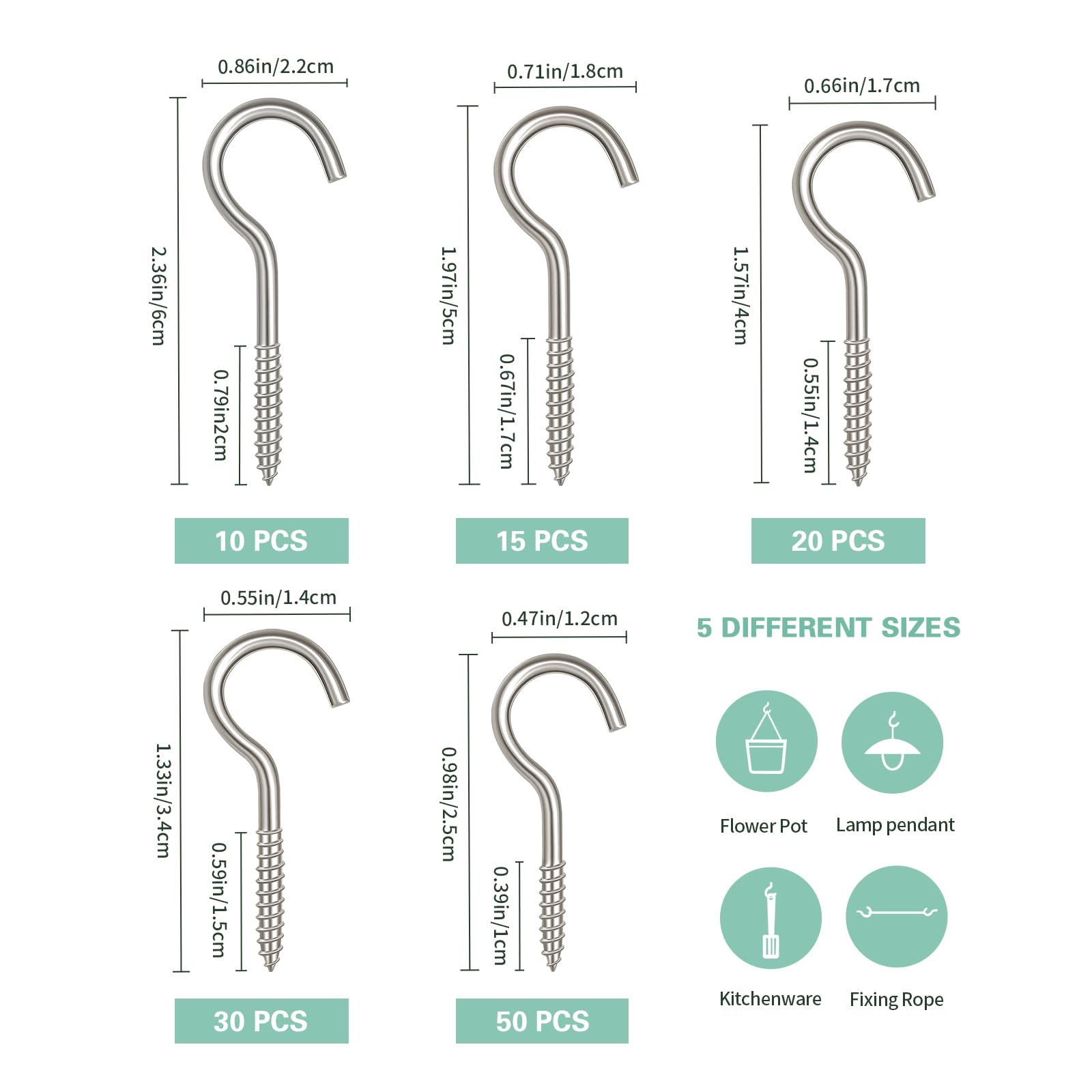 Ticway 125 Pcs Screw Hooks in 5 Sizes - Cup Hooks for Hanging Plants Mugs, Lights, and Ceiling Storage (Silver) - Image 2