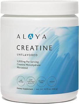 مسحوق أحادي هيدرات الكرياتين الميكروني من Alaya Naturals وقود نقي عالي الأداء للقوة والتركيز الذهني ونباتي وغير معدّل وراثيًا وسهل الخلط وعديم النكهة - 5 جم
