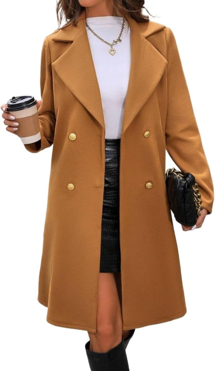 Womens Fashion Trench Outwear 1pc Solid Color Double Breasted Elegant Long Sleeve Coat Jacket Coat