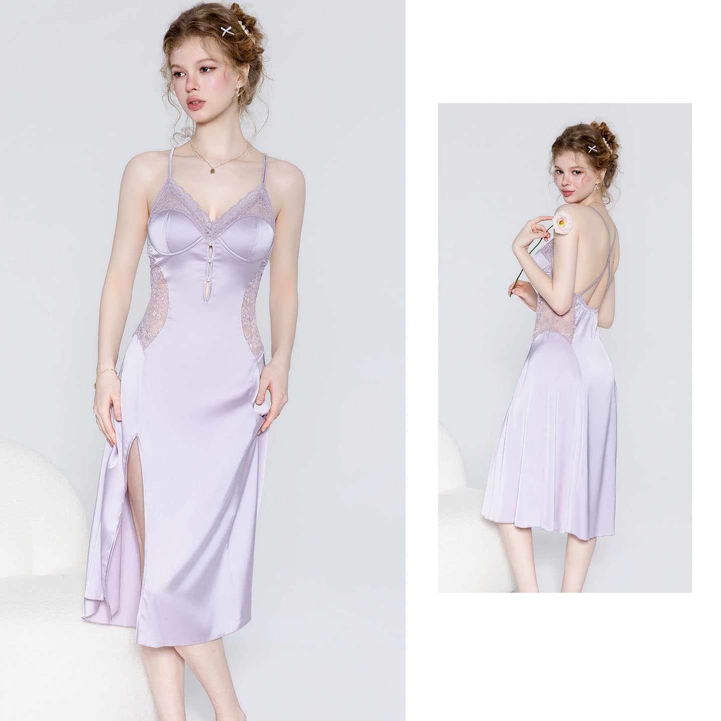 Bata Sexy Mujer Conjunto De Camisón/Bata Transparente con Top Halter De Satén, Aberturas, Cintura Ajustada Y Detalles De Perlas.