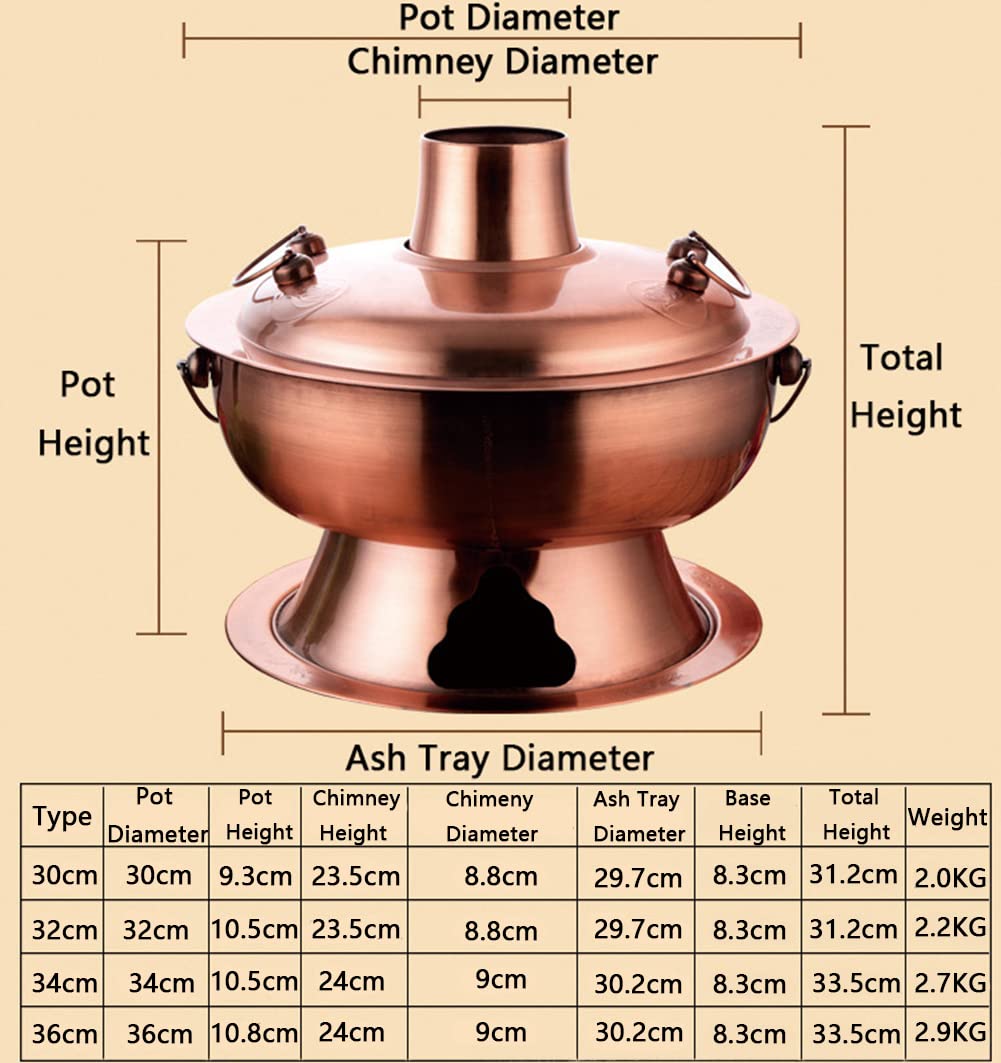 Miedziany garnek do gotowania na parze, Chiński Tranditional Hotpot, Vintage miedziany gorący garnek Shabu z przegródką, dwusmakowy chiński węgiel drzewny do gotowania(Bronze,34cm)