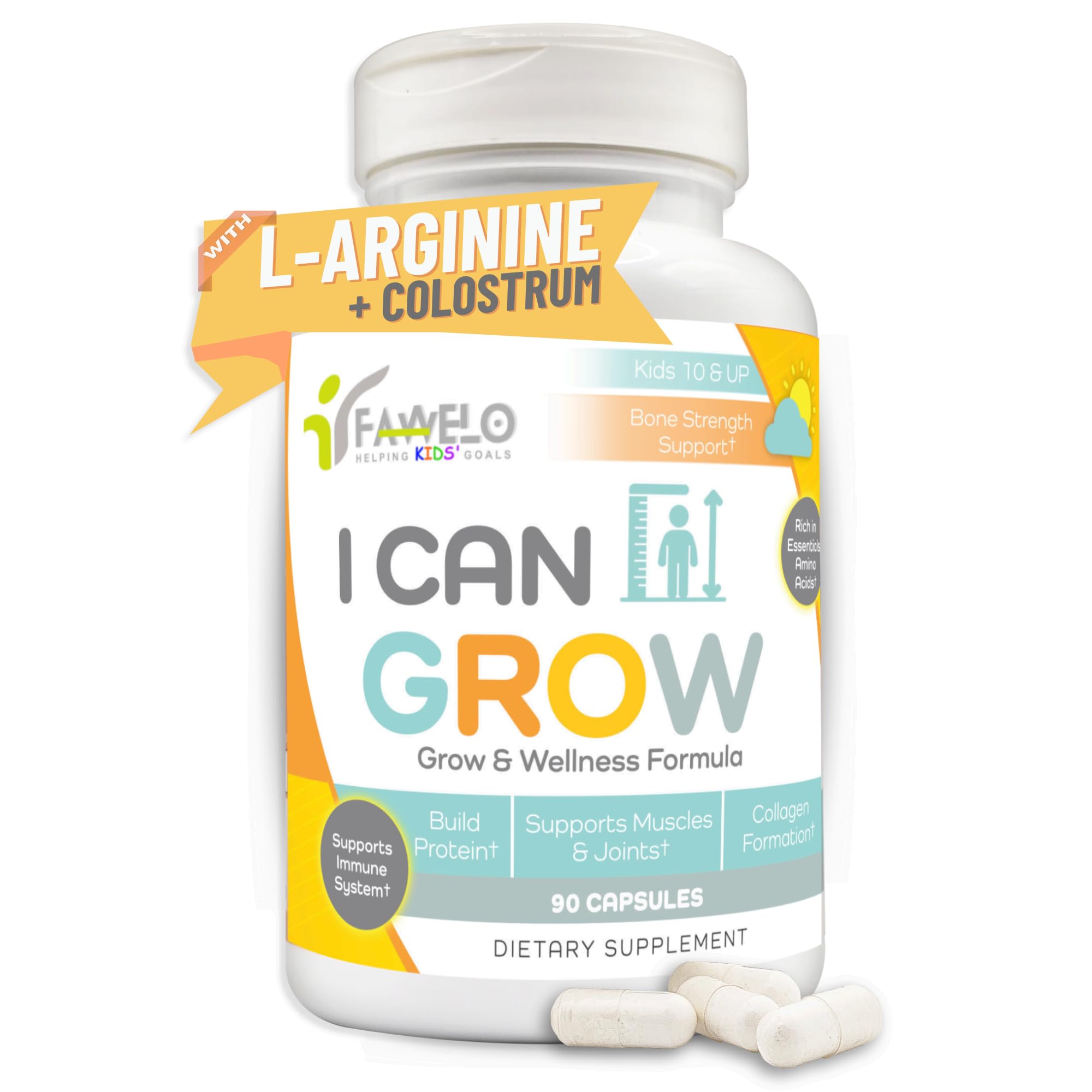 Fawelo I Can Grow Day-Time for Kids 10+ & Teens | Growth & Development Support with L-Arginine, Colostrum, Calcium, D3, Magnesium, Zinc | Bone