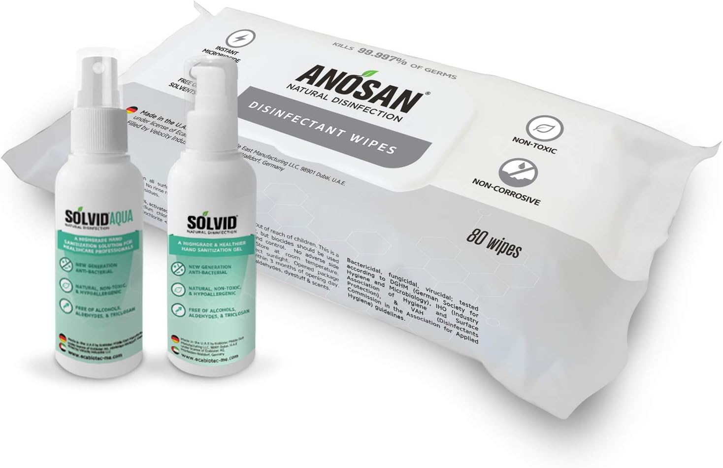 Personal Protection Bundle - 1x Solvid Aqua 100ml, 1x Solvid Gel 100ml, 1x Anosan Wipes