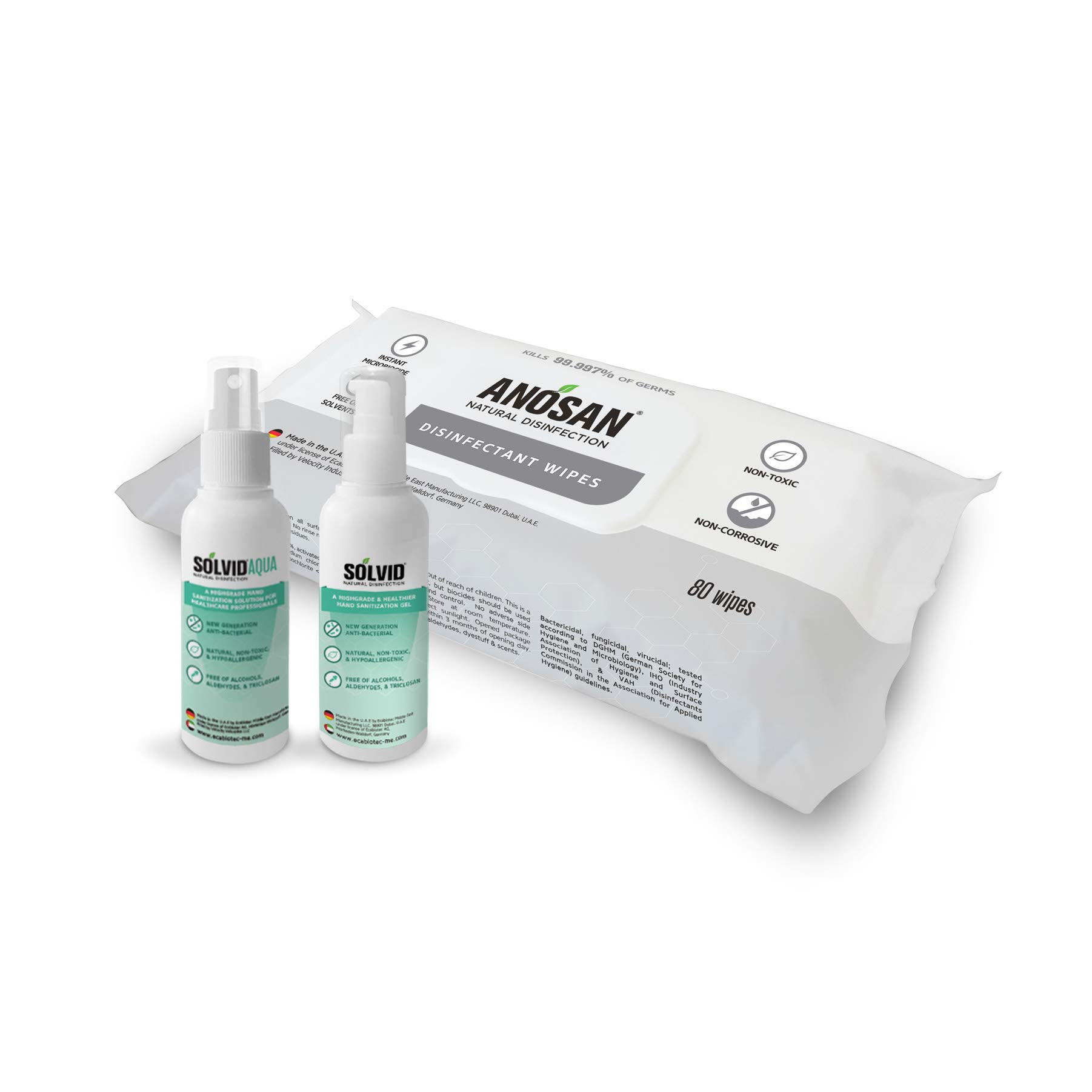 Personal Protection Bundle - 1x Solvid Aqua 100ml, 1x Solvid Gel 100ml, 1x Anosan Wipes