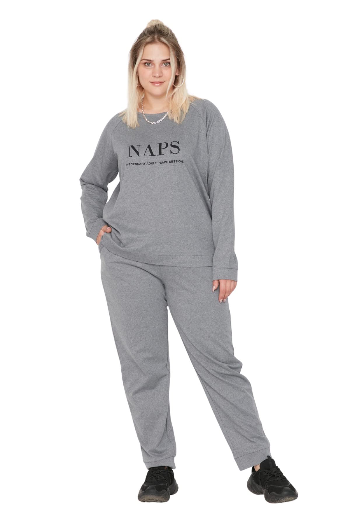 Trendyol Curve Damen Grau Graues Pyjama-Set Aus Strick Für - 5XL