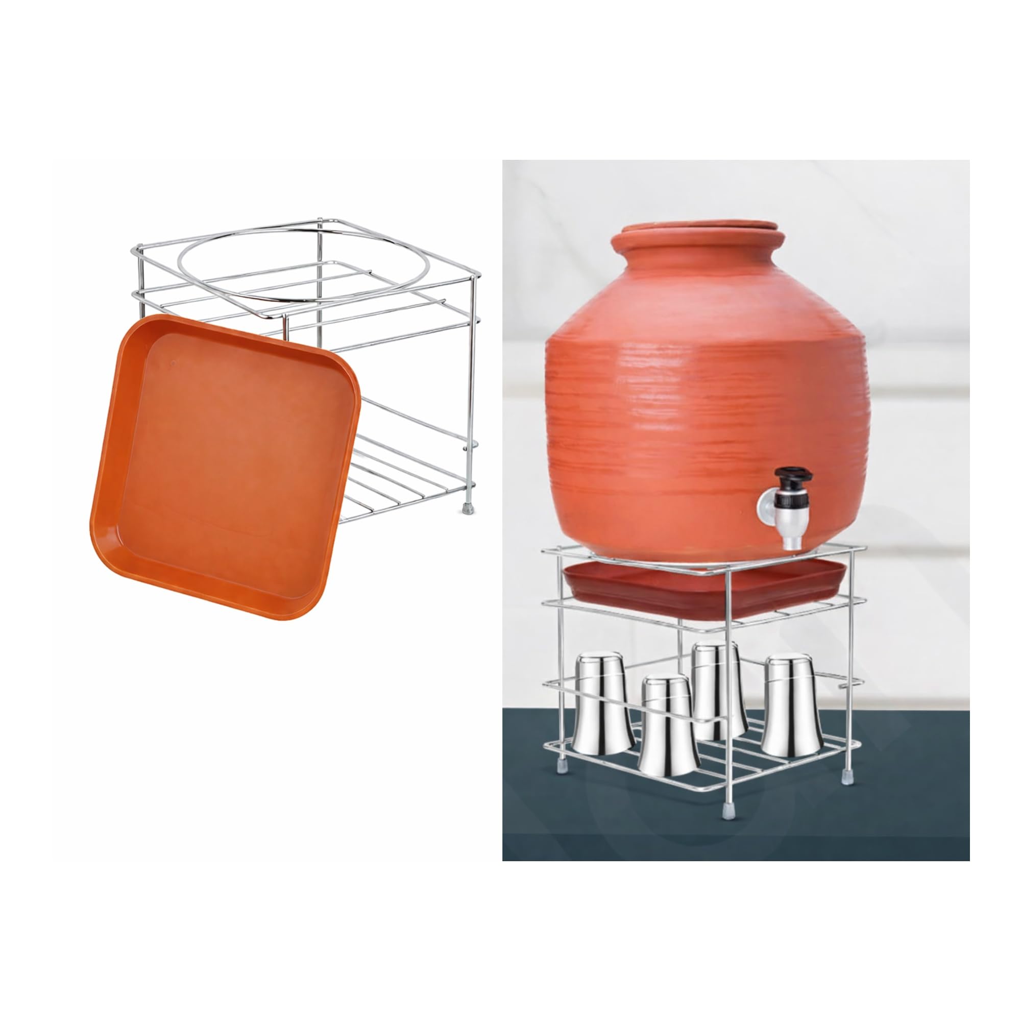 KITNEX Premium Stainless Steel Matka Stand with Tray | Heavy Duty Thick Steel Water Pot Stand for Clay Matka | Rust Proof | Strong & Stable Kitchen Rack