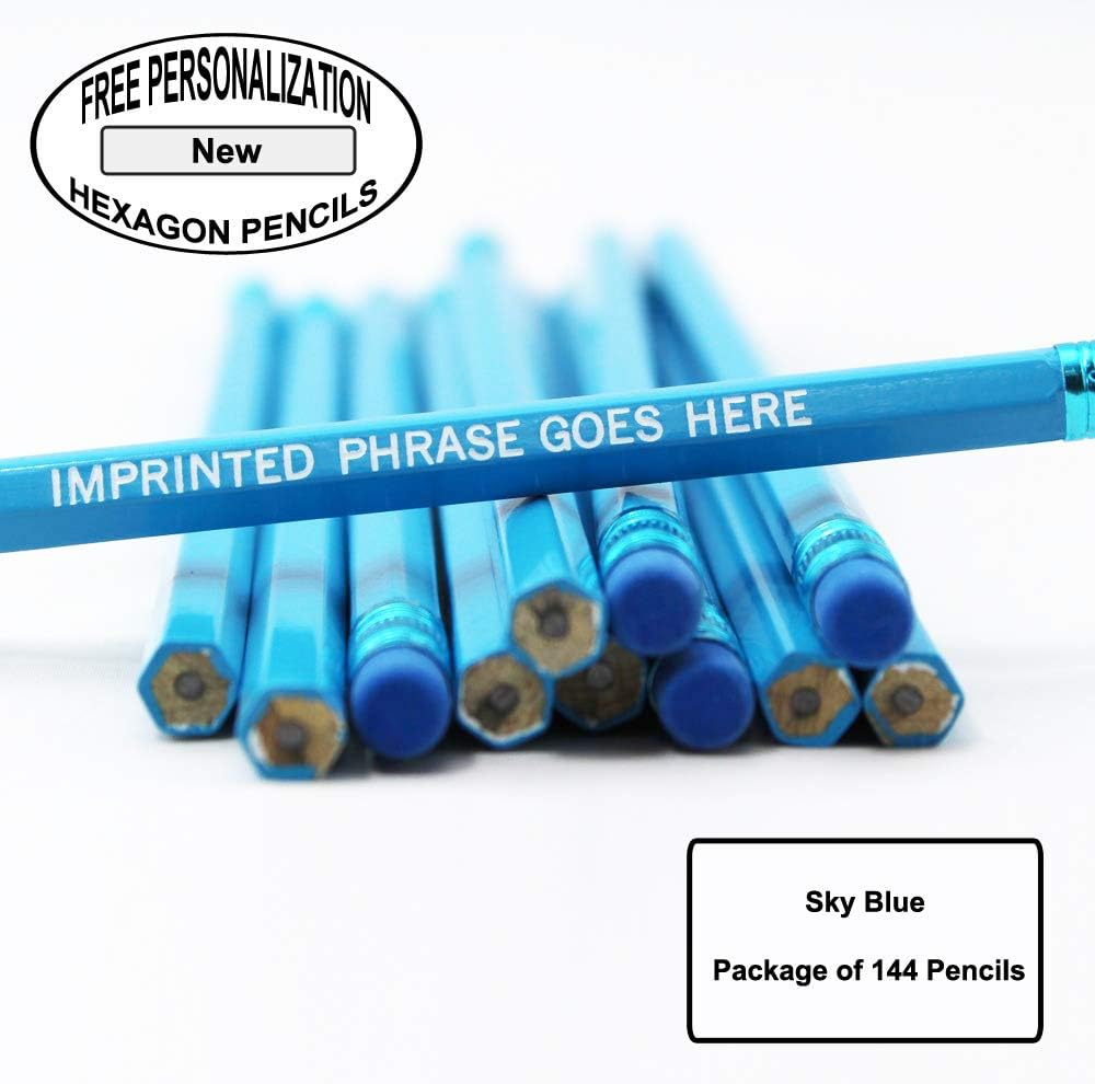 EZPENCILS & GIFTS Personalized Sky Blue Pencils Bulk with Erasers - HB Lead Number 2 Pencils - FREE-PERSONALIZATION - 144 Pcs