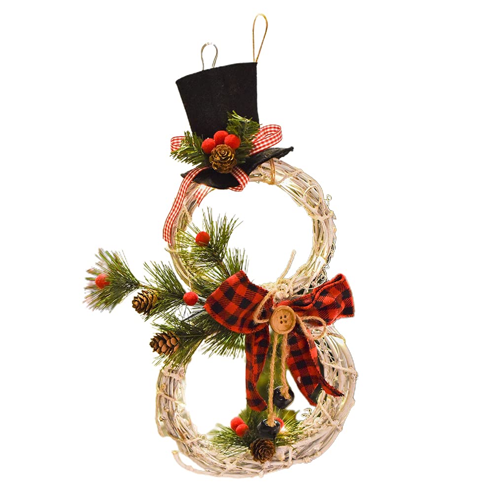 (similarly model)Lighted Christmas Wreath Decoration, 16 x 8 Inch Grapevine Wreath with Hat and Bow Scarf Snowman Shape Wreath for Front Door Home Fire Place Wall Decor (Red Bow)